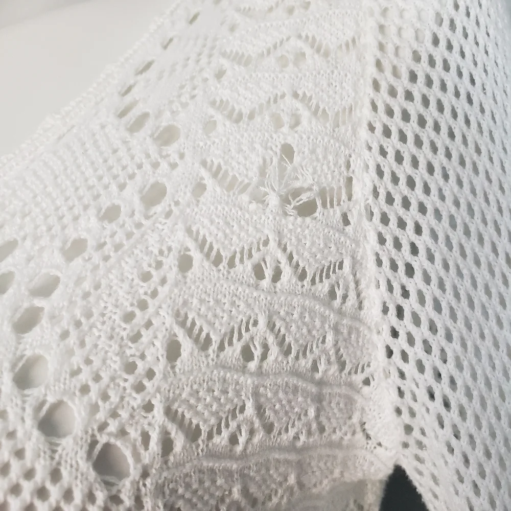 Macbeth Collection White Crochet Pointelle Knit Bell Sleeve Pullover Sweater Top